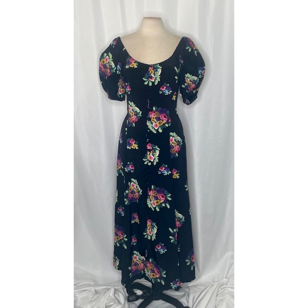 Betsey Johnson Black Floral Puff Sleeve Midi Dress - Picture 3 of 13